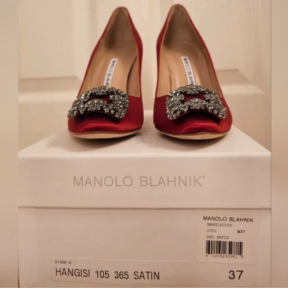 Manolo Blahnik Red Satin Heels with Embellishments - Picture 10 of 10